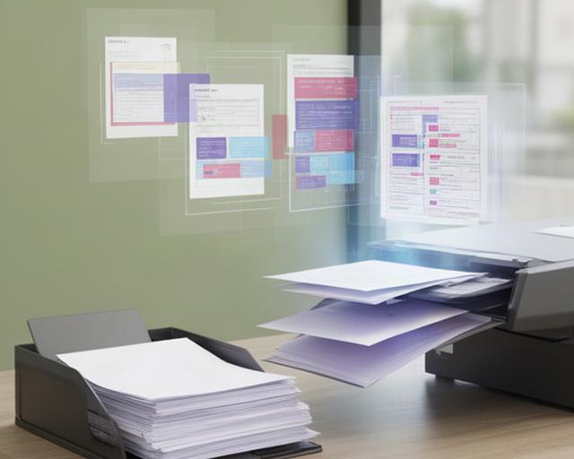 Documentos escaneados pasando de una bandeja de oficina a una plataforma digital con datos clasificados