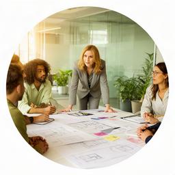 Karolynne Likov coordinando una reunión de proyecto con planos y notas sobre la mesa