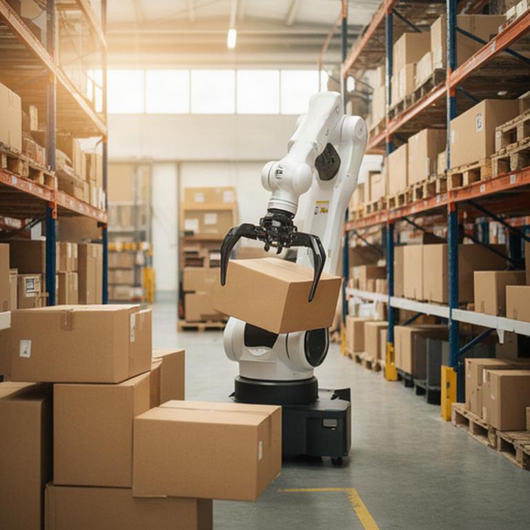 Robot colaborativo recogiendo cajas en un almacén logístico del sur de España