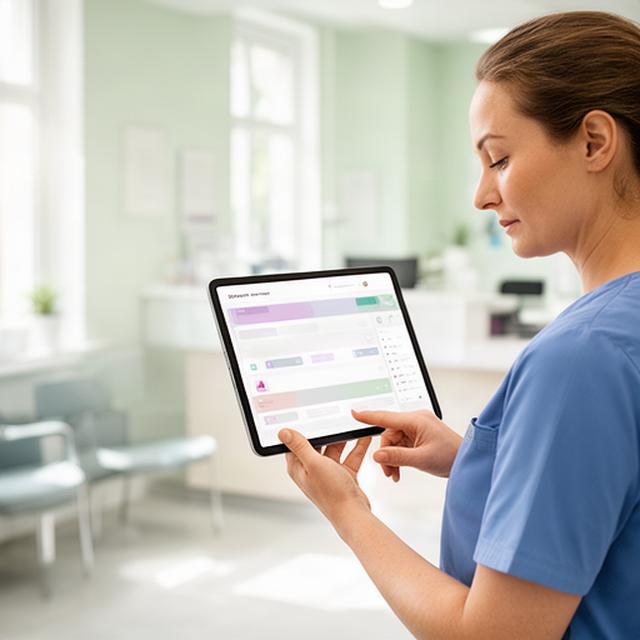 Profesional sanitaria consultando un panel de gestión de citas en una tablet dentro de una clínica luminosa